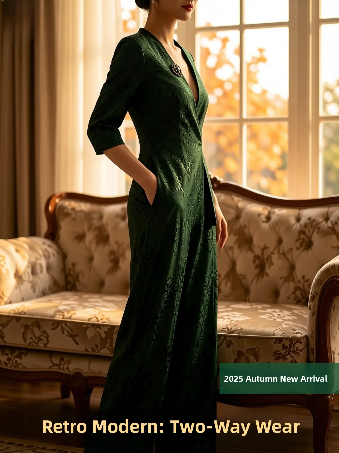 

2026 Autumn Fashion Retro Green Dark Pattern Embroidery Suit Wide Leg Pants Set Two Piece Set Women's Three Quarter Sleeve