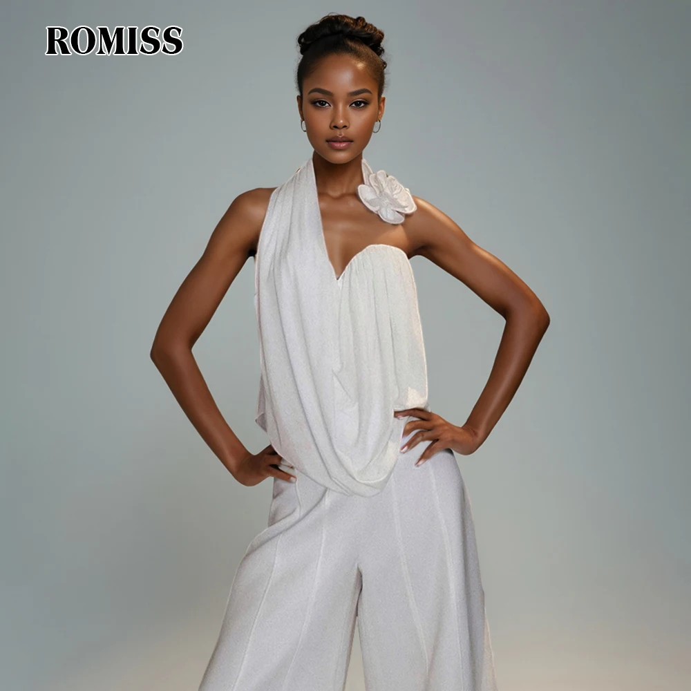 

ROMISS Solid Slimming Spliced 3D Flower Blouses for Women Halter Neck Sleeveless Patchwork Folds Minimalist Blouse Female
