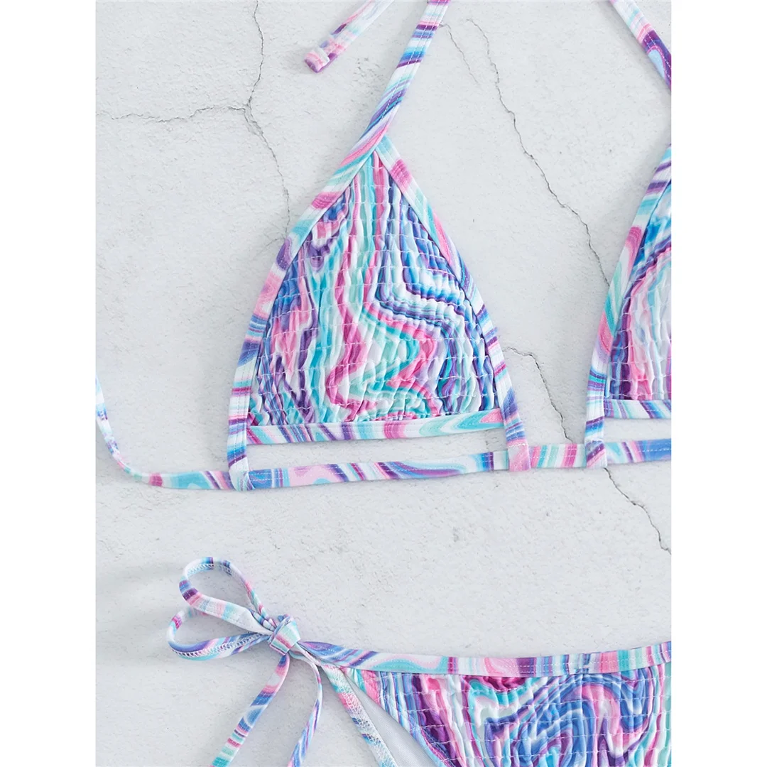 Bunter Neckholder-Bikini mit Trägern, Damen-Badeanzug, zweiteiliges Bikini-Set, Badeanzug mit hohem Beinausschnitt, Badebekleidung, Schwimmanzug V6005 – Detail 12
