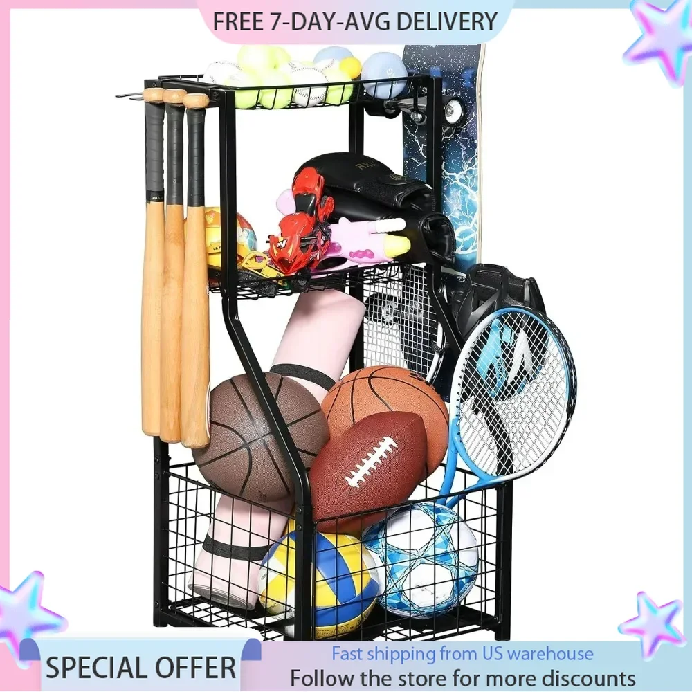 Sports Equipment Organizer Sports Ball Storage Cart with Baseball Bats and Hooks,Garage Organizer for Basketball,Football