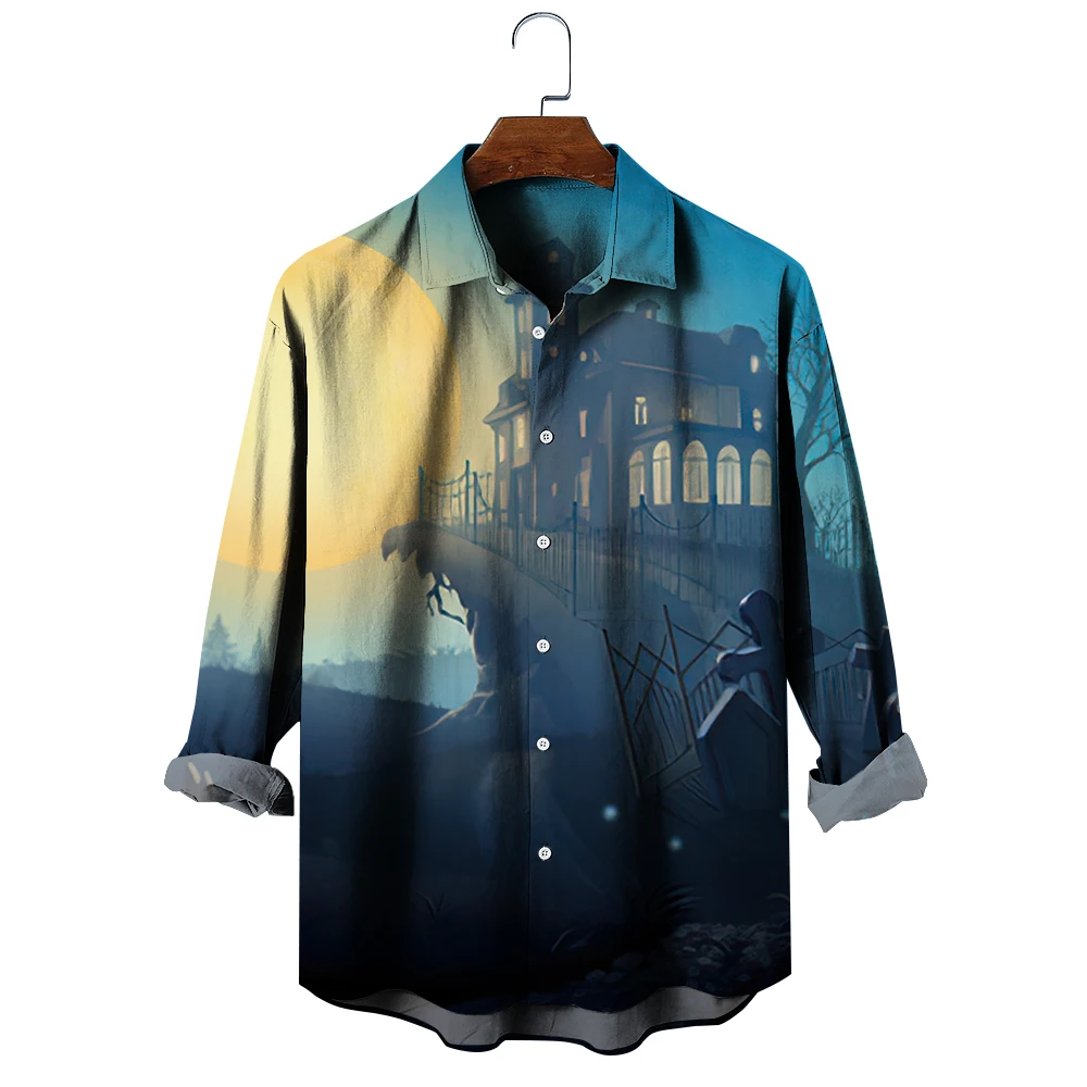 Camisa de manga larga con solapa abotonada para hombre y mujer, camisa de ocio transpirable con estampado de Castillo nocturno a la moda, Tops de gran tamaño para Halloween