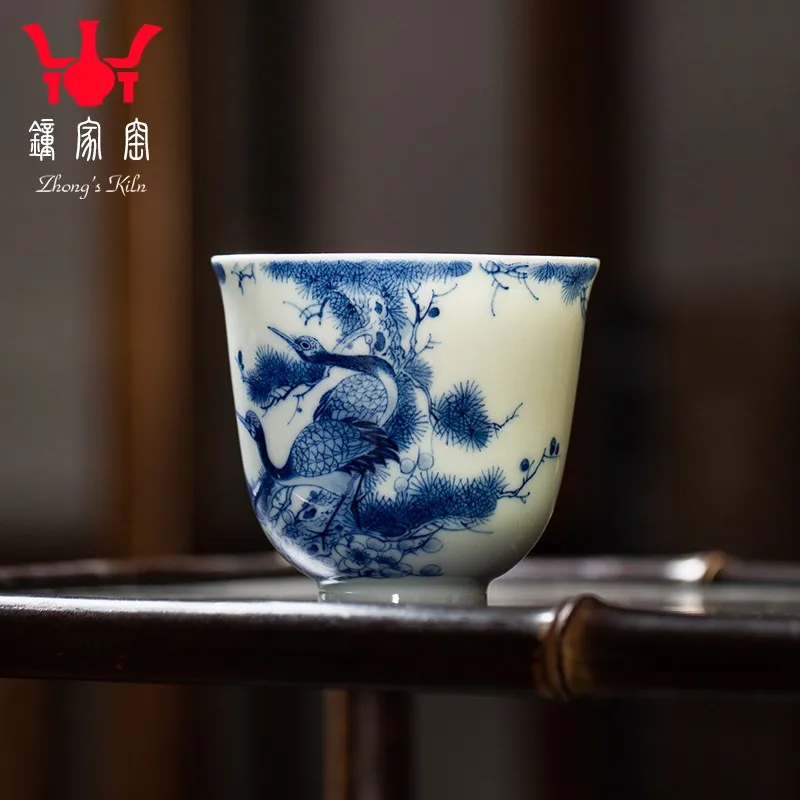 Zhongjia Kiln Single Cup Jingdezhen Handmade Blue and White Wood Kiln Hand Painted Pine Crane Yannian Fragrance Tea Cup Househol