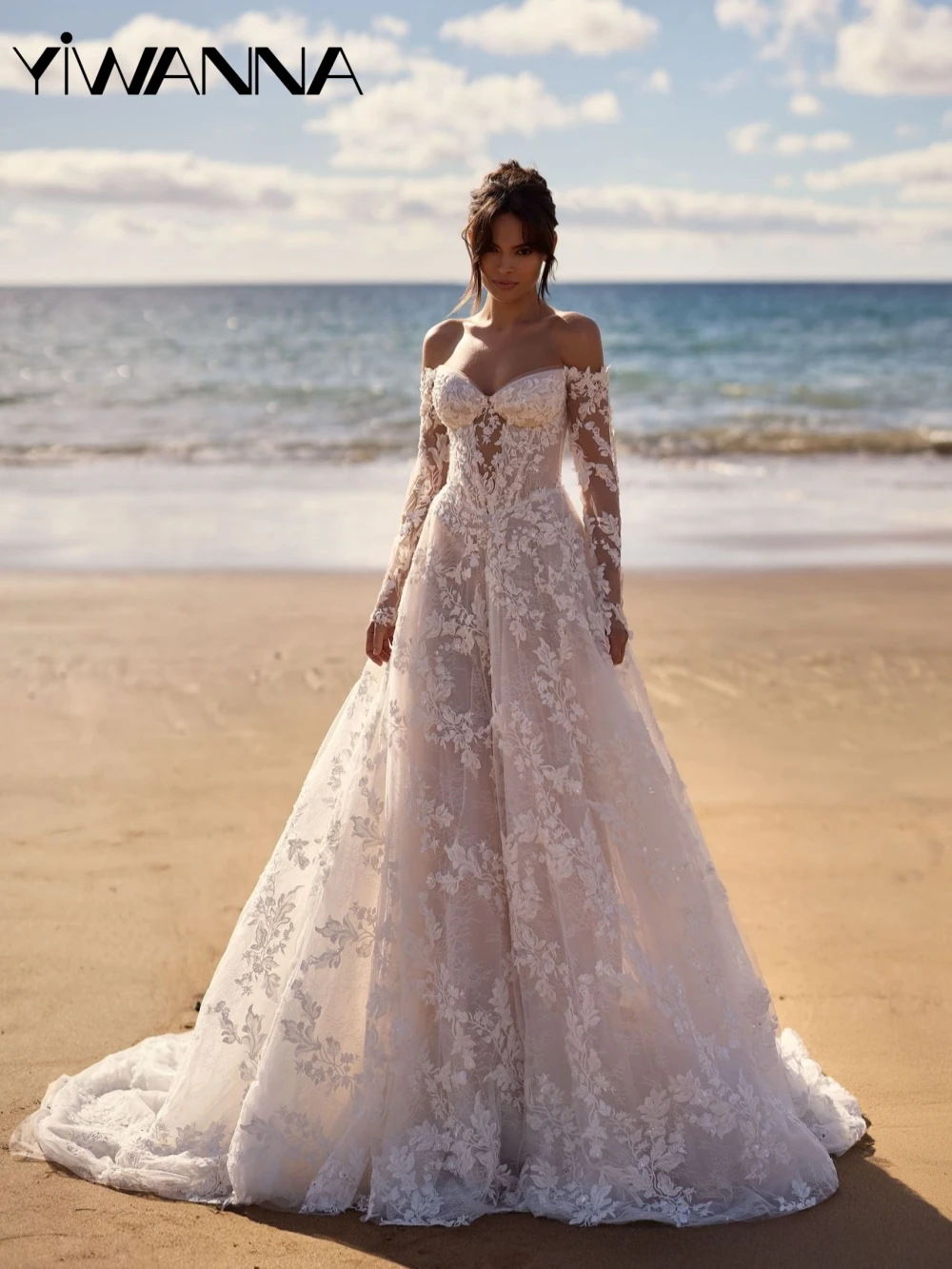 

Sequined Lace Appliques A-line Long Wedding Dress Dreamy Off Shoulder Bridal Gown Customized Sweetheart Neck Dresses For Bride