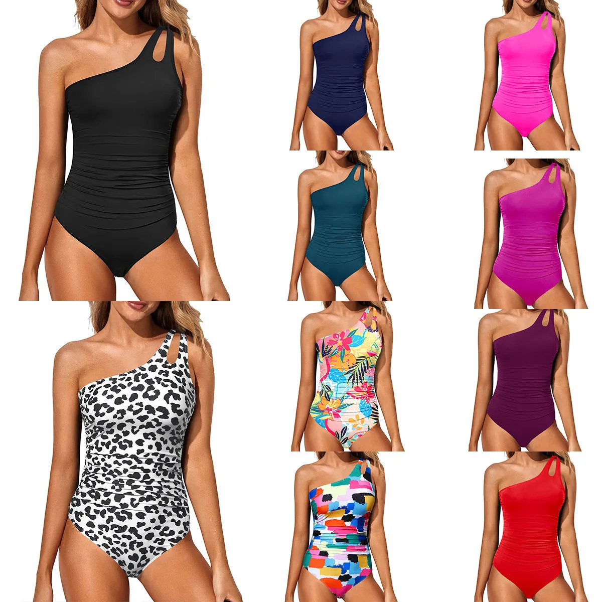 Leopard Swimsuit for Women One Piece Single Shoulder Swimwear Female Solid Bathers Bathing Swimming Swim Suits Beachwear