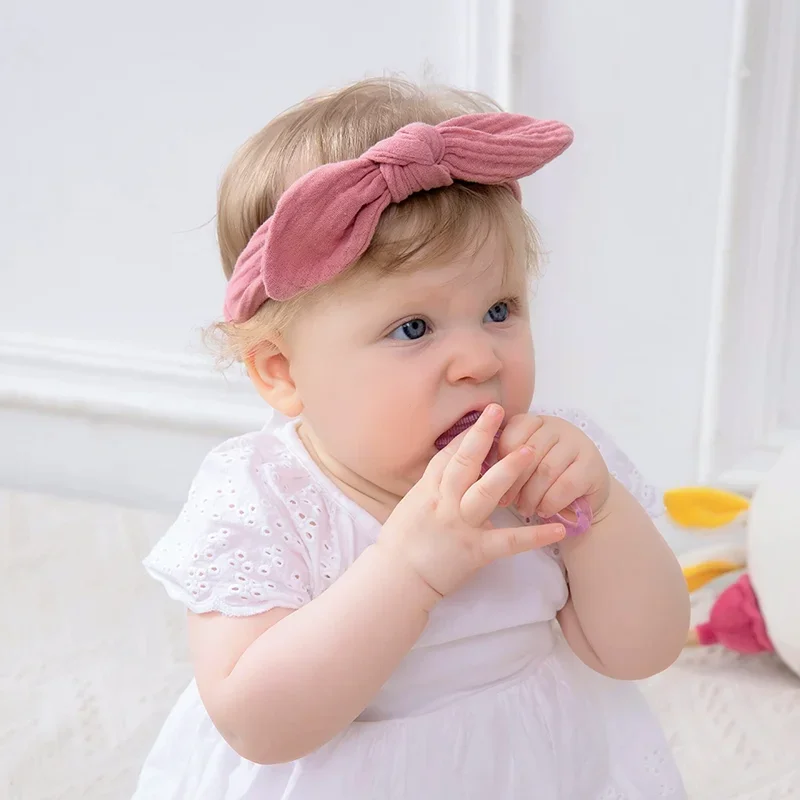 Algodão e linho elástico headband para a menina, turbante macio com nó orelha de coelho, acessórios para o cabelo para crianças pequenas