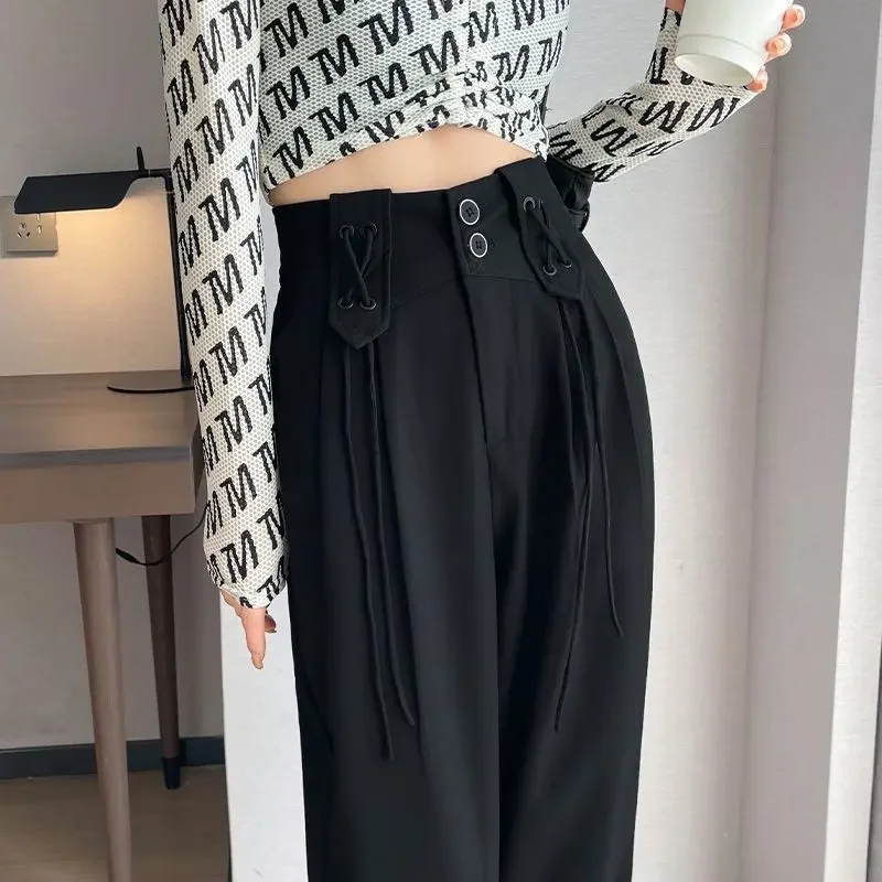 Dress Pants Wide Leg Black Women Work Straight Office Spring Autumn Woman Trousers Tailoring Trends 2024 Chic and Elegant Nylon