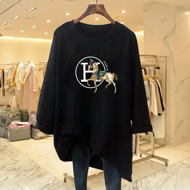 Women Clothing Chic Y2k Printed T-shirt Long Sleeve Pure Cotton O-neck Pullovers Autumn New Loose Casual All-match Top Tees