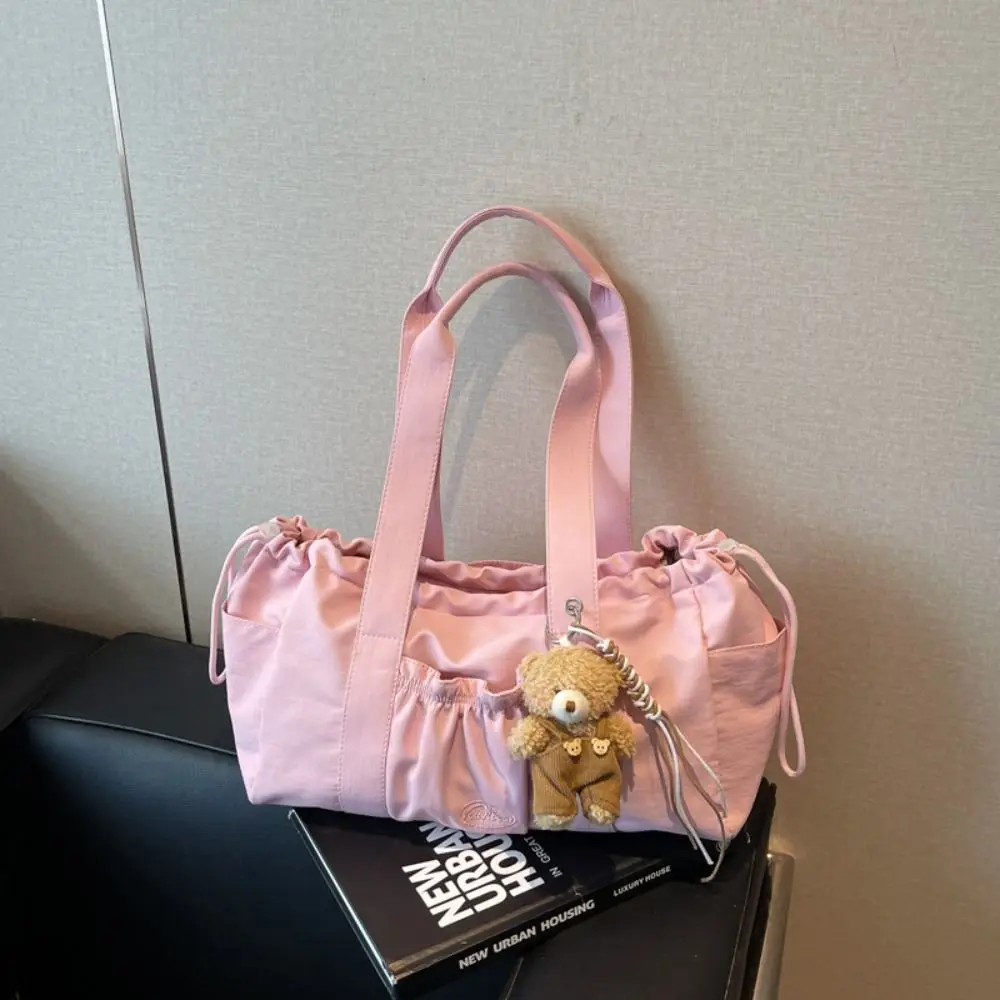 

Casual Sweet Drawstring Tote Bag Large Capacity Solid Color Nylon Shoulder Bag Minimalist Pleated Lightweight Handbag Travel