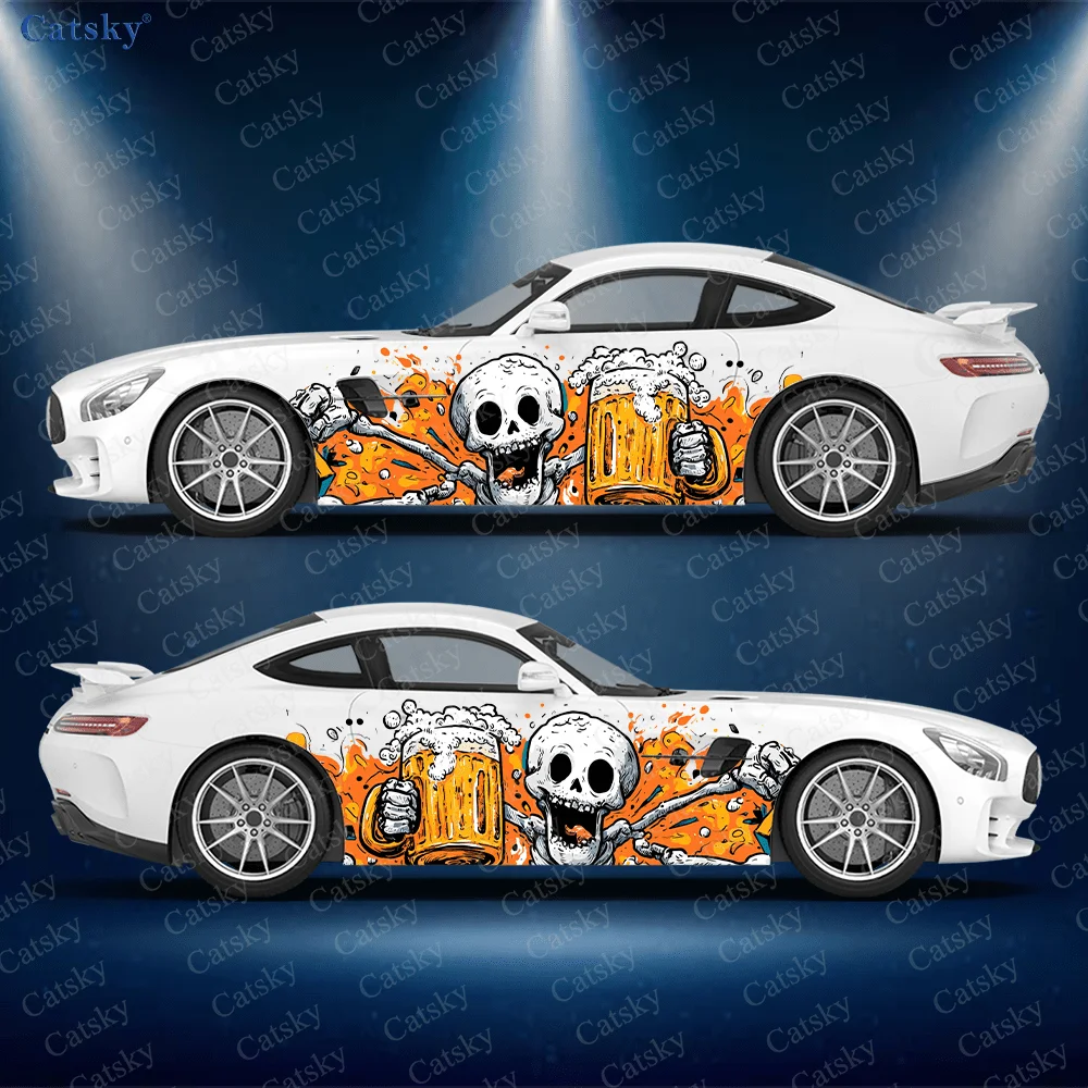

Cartoon Skull Beer Flame Car Side Sticker Decor, PVC Waterproof Scratch Resistant Decal, Car Protection, Auto Accessories Gift