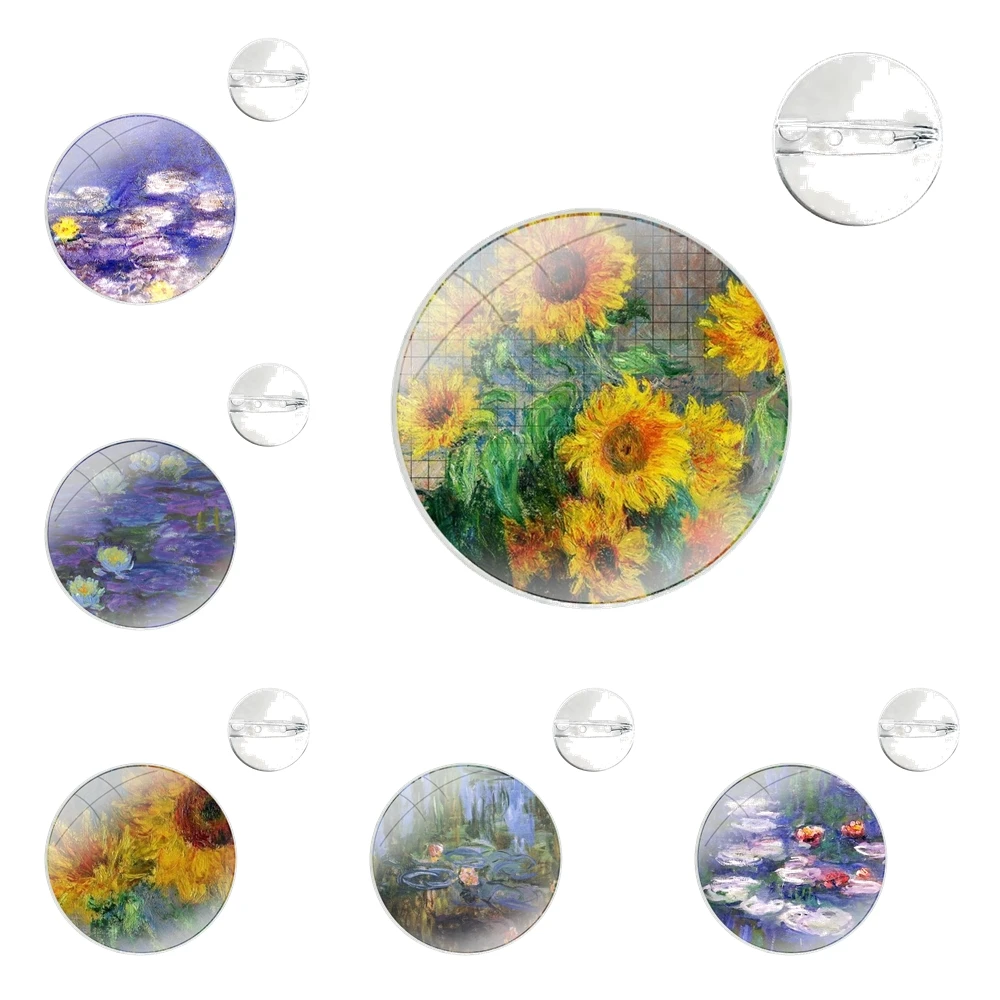 Claude Monet Oil Painting Sunflower Glass Dome Brooches Badge Pins For Clothes Hat Shirt Lapel Bag