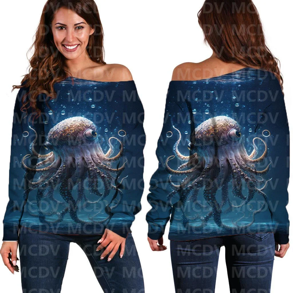 

Women's Off Shoulder Sweater Octopus/Fish 3D Printed Women Casual Long Sleeve Sweater Pullover