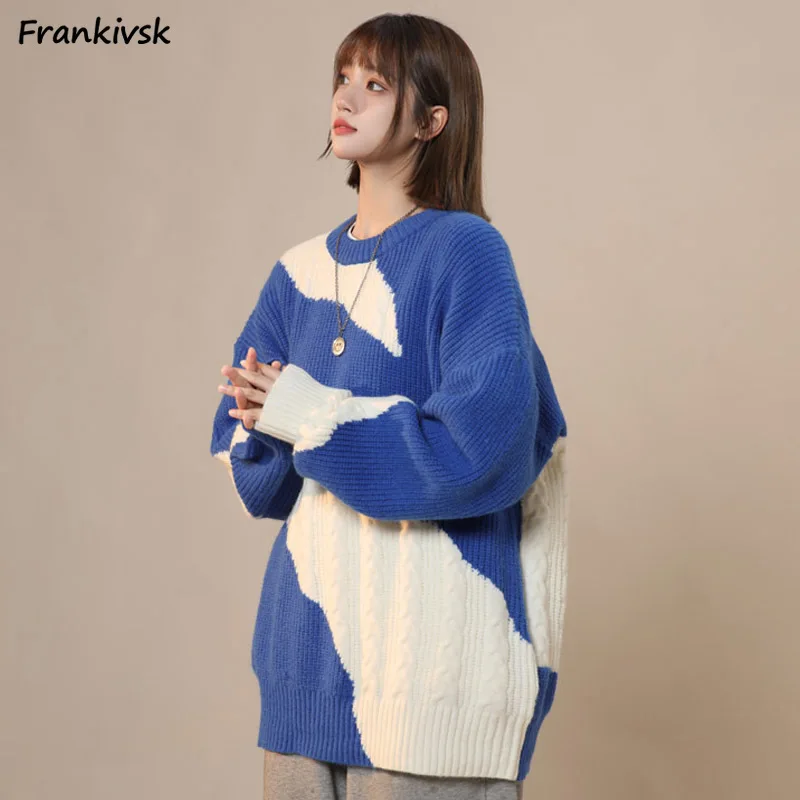 

Autumn Sweaters Women Korean Preppy Style Contrast Color Girlish Slouchy Temperament Knitwear O-neck Baggy Comfortable Chic Y2K