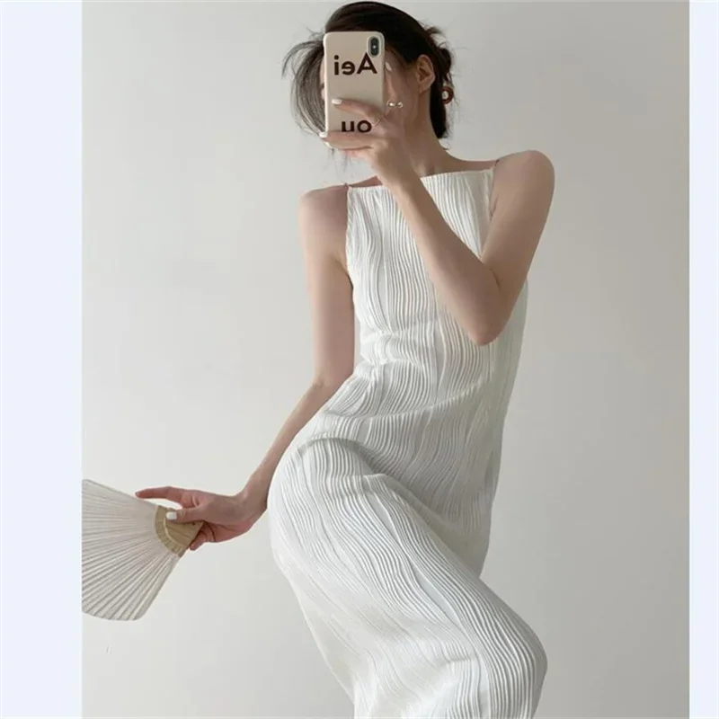 Korean White Pleated Midi Dress Women Elegant Pearl Camis Square Collar Backless Princess Dresses PartyEvening Elegant Vestidos