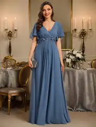 Bazprospects-Robe de soirée en mousseline de soie, élégante, col en V profond, appliques plissées, longueur au sol, revenu INAA, poussiéreux, bleu marine, robes de demoiselle d'honneur, 2024