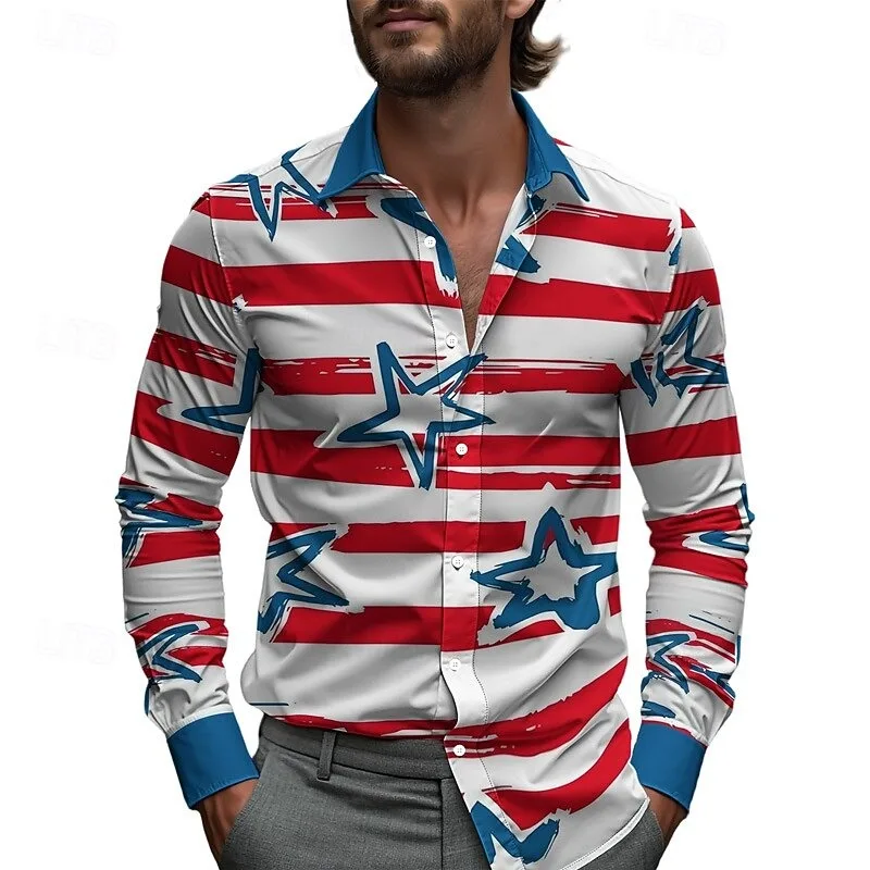 قميص رجالي بأكمام طويلة مطبوع عليه نجوم ثلاثية الأبعاد على الطراز الغربي برقبة فضفاضة ملابس غير رسمية على الموضة في الشارع