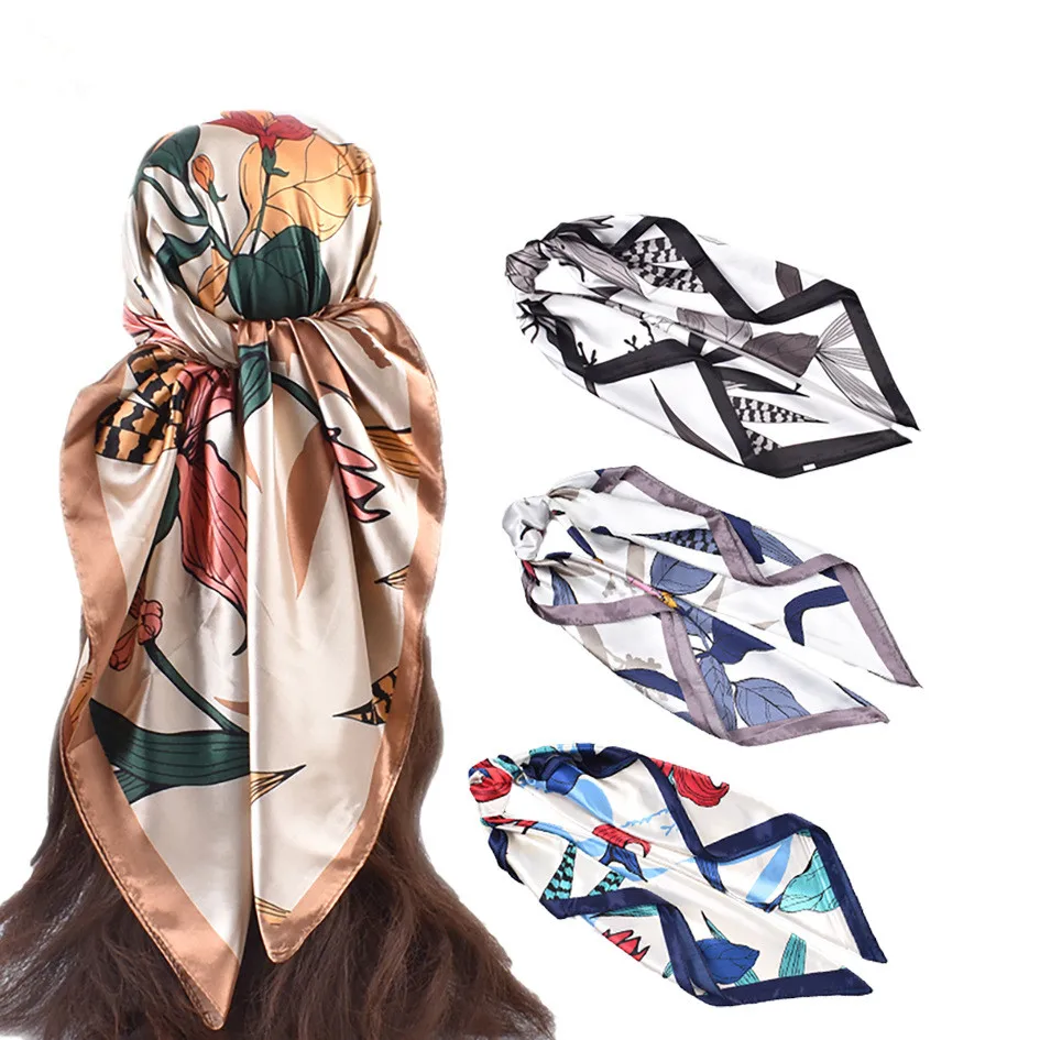

Шелковые квадратные платки с цветочным принтом 90*90 см для женщин, декоративные шейные платки, летние пляжные платки, женские платки-хиджабы, женские шейные платки-косынки