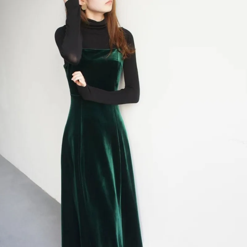 Dark Green Velvet Women Dresses A-line French Style Vintage Solid Vestidos Mujer Fashion Autumn Winter Long Dress