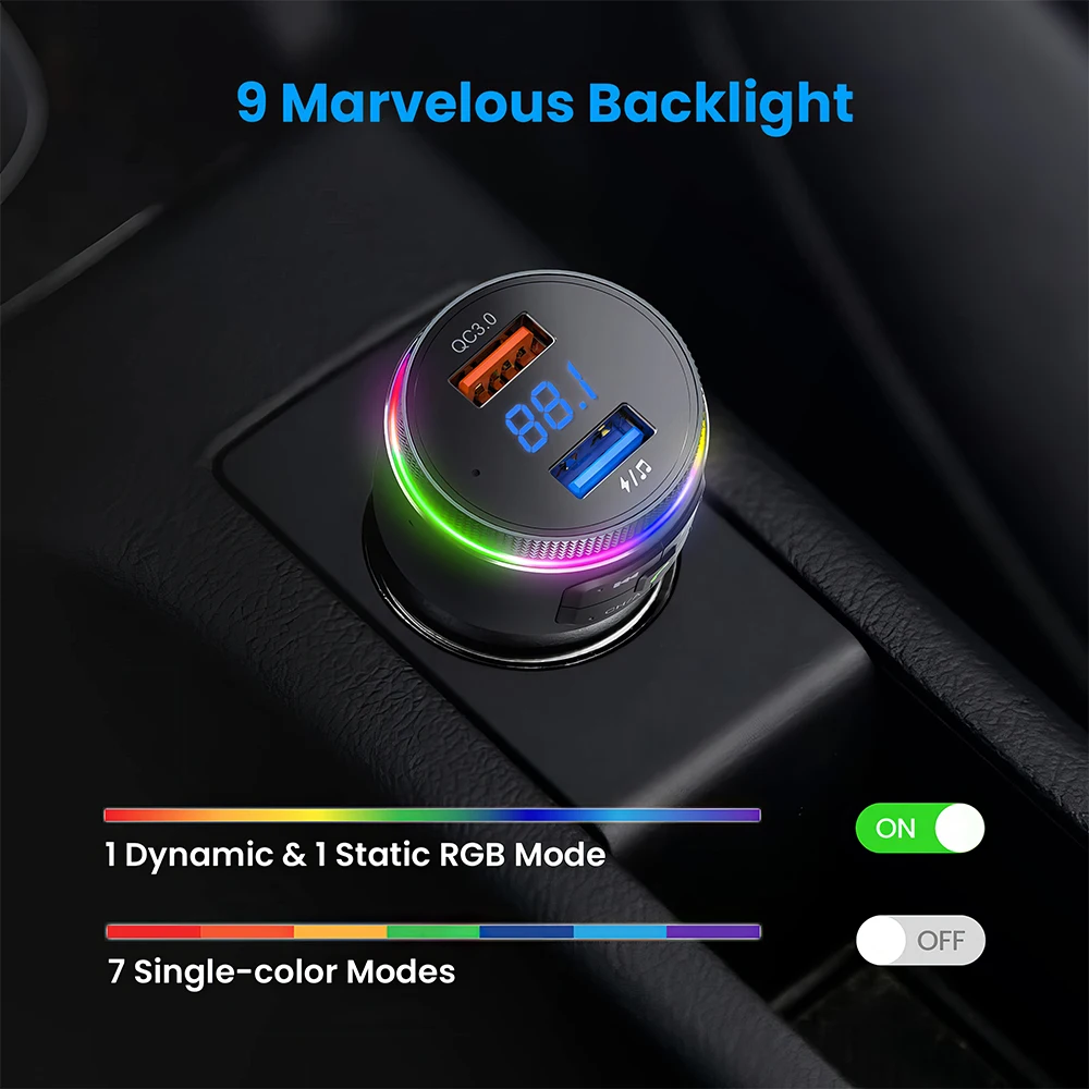 Bluetooth FM Transmitter for Car, Bluetooth Car Adapter, Bluetooth Radio Car, MP3 Player QC3.0 Quick Charge, Hands Free Calling