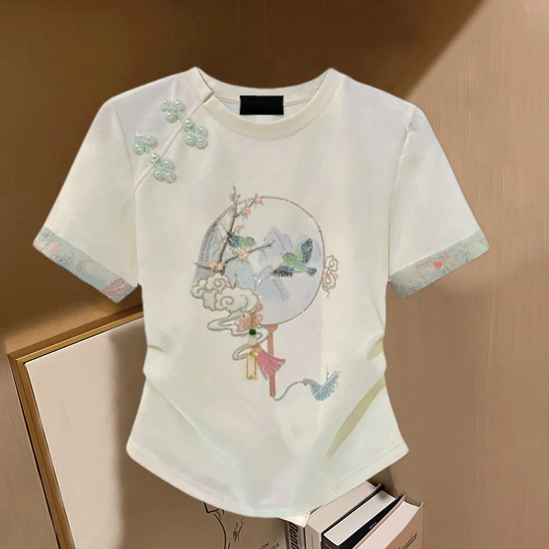 plus Size New Chinese Style Embroidered White T-Shirt Women Summer Slimming Design Short Sleeve round Neck Cotton Blend Top