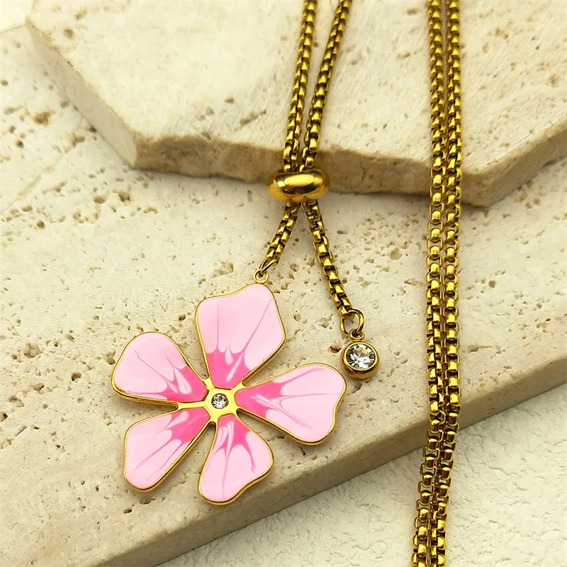 Sweet Pink Flower Pendant Long Chain Necklace for Women Enamel Stainless Steel Gold Color Aesthetic Y2K Jewelry Gift NZZZ394-1S0 image 3