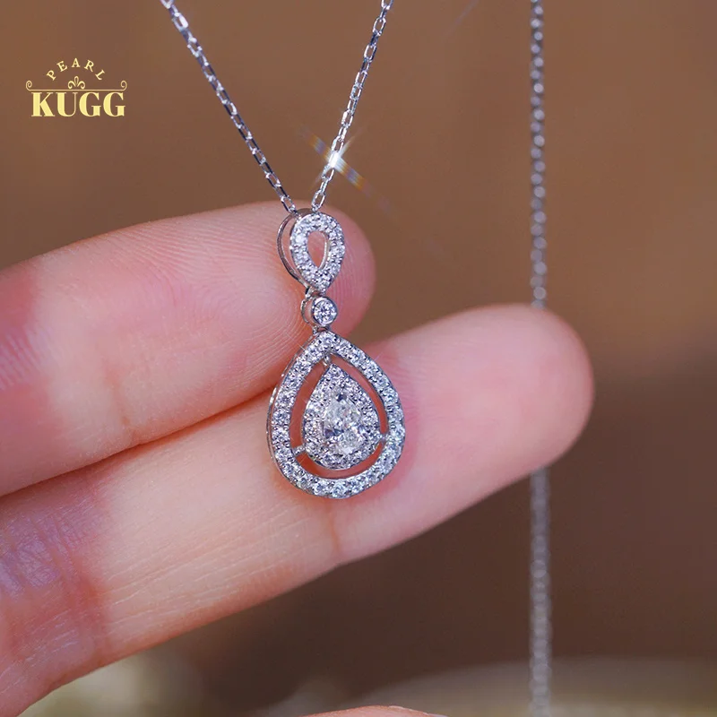 

KUGG 18K White Gold Necklace Elegant Hollow Droplet Design Real Natural Diamond Pendant Necklace for Women High Wedding Jewelry