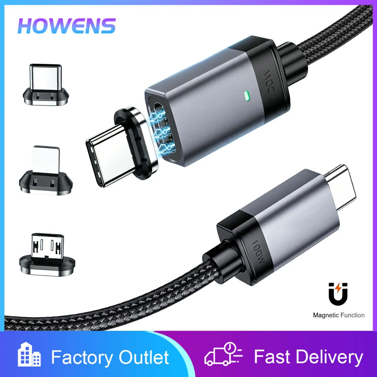 Fathzero 3in1 Magnetic Suction QC4.0 Fast Charging Cable 5A/20V 100W PD USB Type-C Lightning Micro General Conversion Data Cable