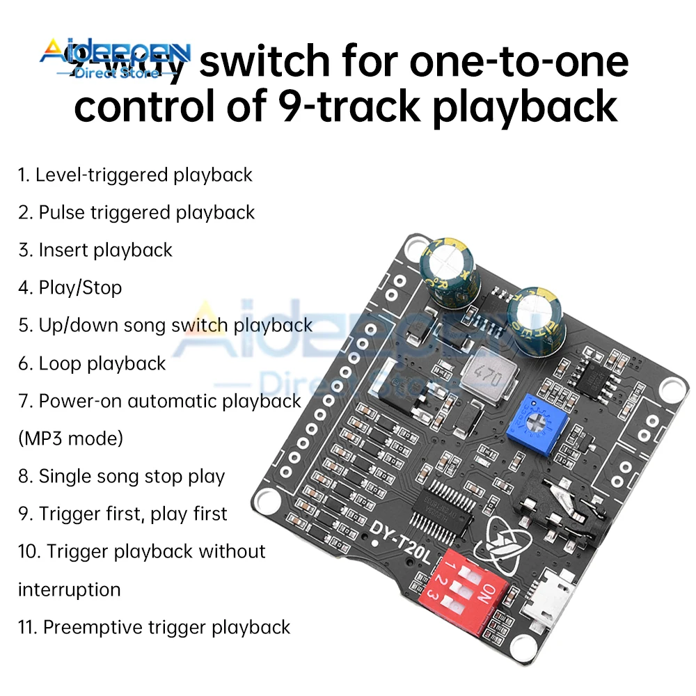 MP3 Voice Player Module Sound Playback Broadcast 10W/20W Music High Power Amplifier DC 6-35V Supports USB Flash Drive TF Card