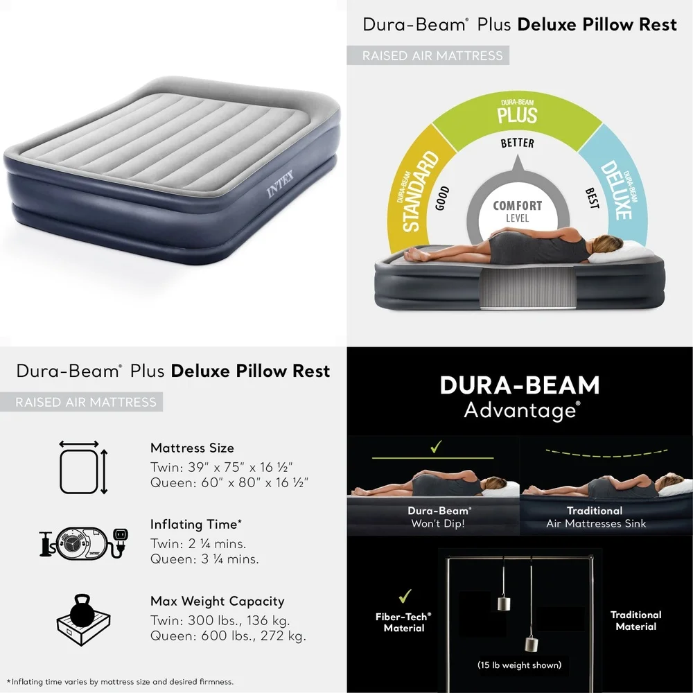 

MattressesDura Beam Deluxe Pillow Top Air Mattress with Built-in Pump Queen Size Comfortable Inflatable Bed for Indoor Outdoor