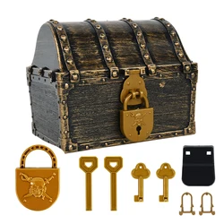 Pirate Theme Treasure Chest Retro Treasure Box with Lock Toys Pirate Jewelry Box Halloween Party Favor Props Decor Birthday Gift