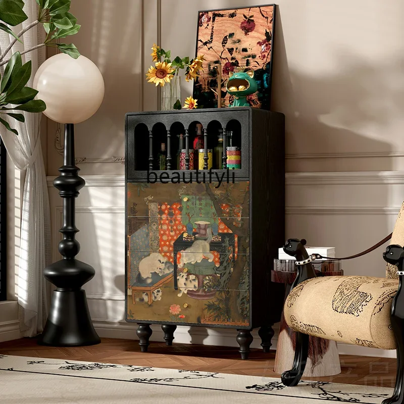 60.Medieval style playing cat picture solid wood dining side cabinet living room dining room tea cabinet four chest cabinets