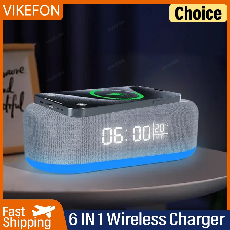 Wireless Charger Pad Bluetooth Speaker Alarm Clock LED Light Thermometer Earphone Phone Fast Charging Station for iPhone Samsung