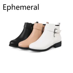 Ladies Buckle Shoes Round Toe Glitter Increasing Heel Boots Low Top Fur Botas Zapatos Mujer Beige White Black Plus Size 48 42 33