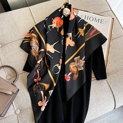 New 90cm Design Elephant Horse Twill  Silk Scarf Luxury Brand Square Scarves Women Hijab Scarf Foulard Neckerchief Bandana