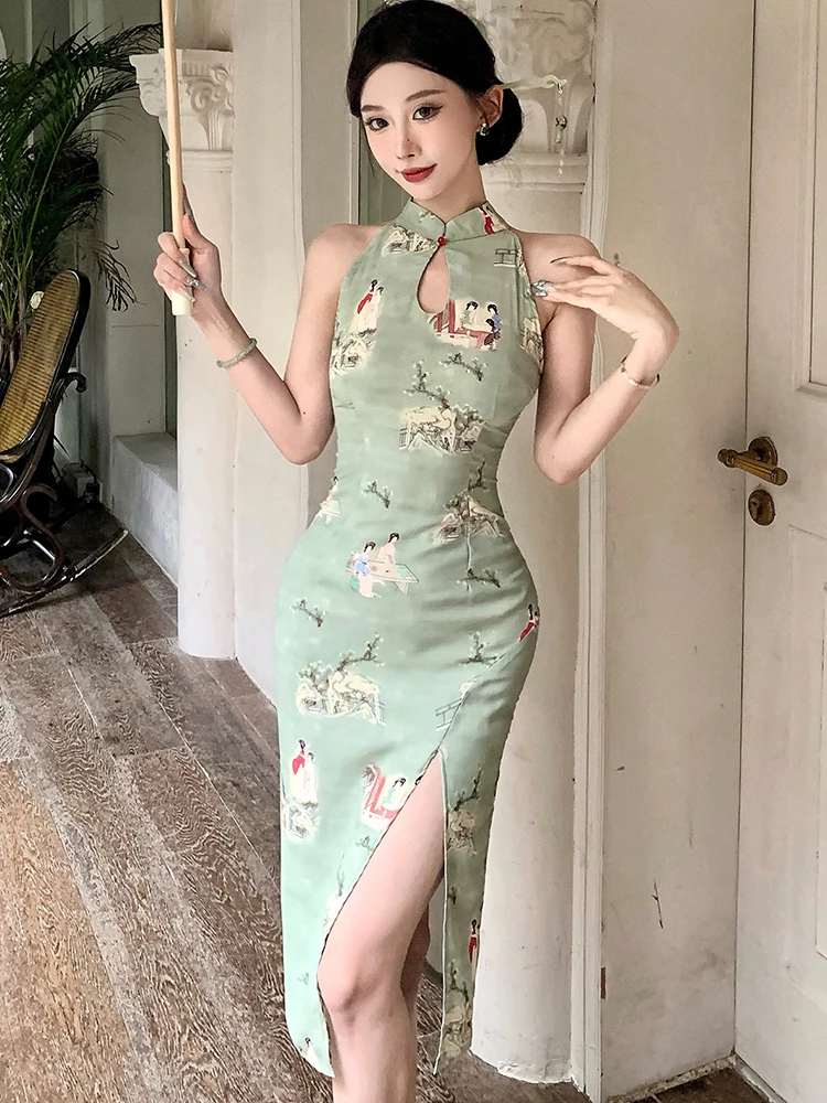 2024 New Green Print Hollow Out Stand Collar Midi Dress Summer Elegant Bodycon Slit Dress Women coreano Vintage Luxury Prom Dress