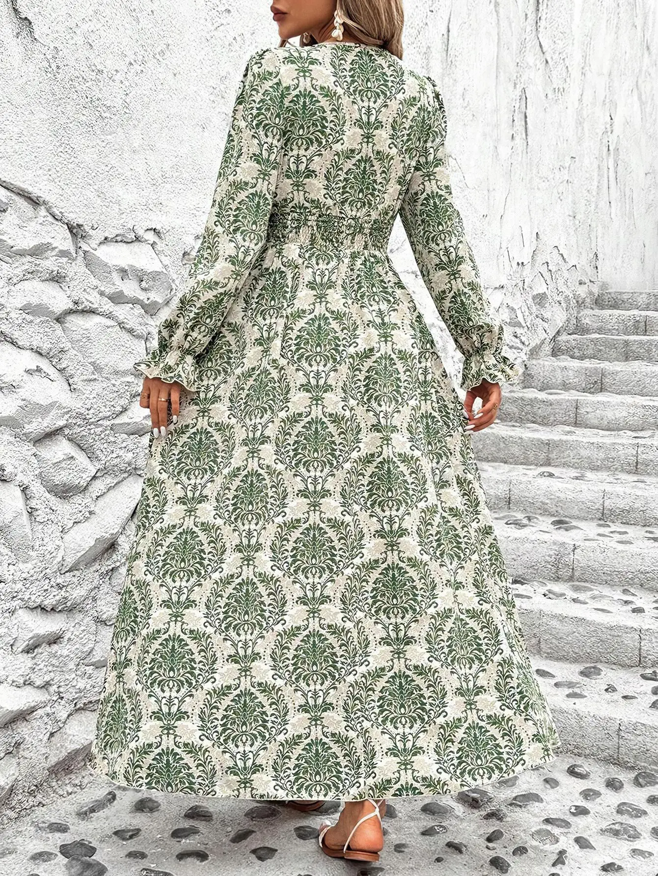 المرأة ريترو خمر طباعة كاملة كم طويل الخامس الرقبة عالية الخصر ألف خط فستان الخريف خمر الملابس عالية الخصر فستان