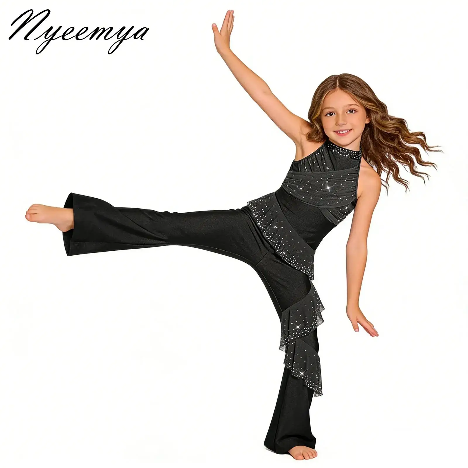 

Kids Girls Sparkly Rhinestones Ballet Jersey Gymnastics Figure Skating Unitards Costume Ruched Mesh Ruffles Full Body Leotard