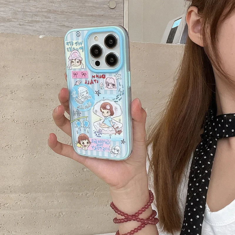 حالة الهاتف | فتاة قذيفة مخططة زرقاء | كارتون مخطط | أفضل هدية لصديق | مناسبة آيفون 11 12 13 14 15 16 17 برو ماكس #1