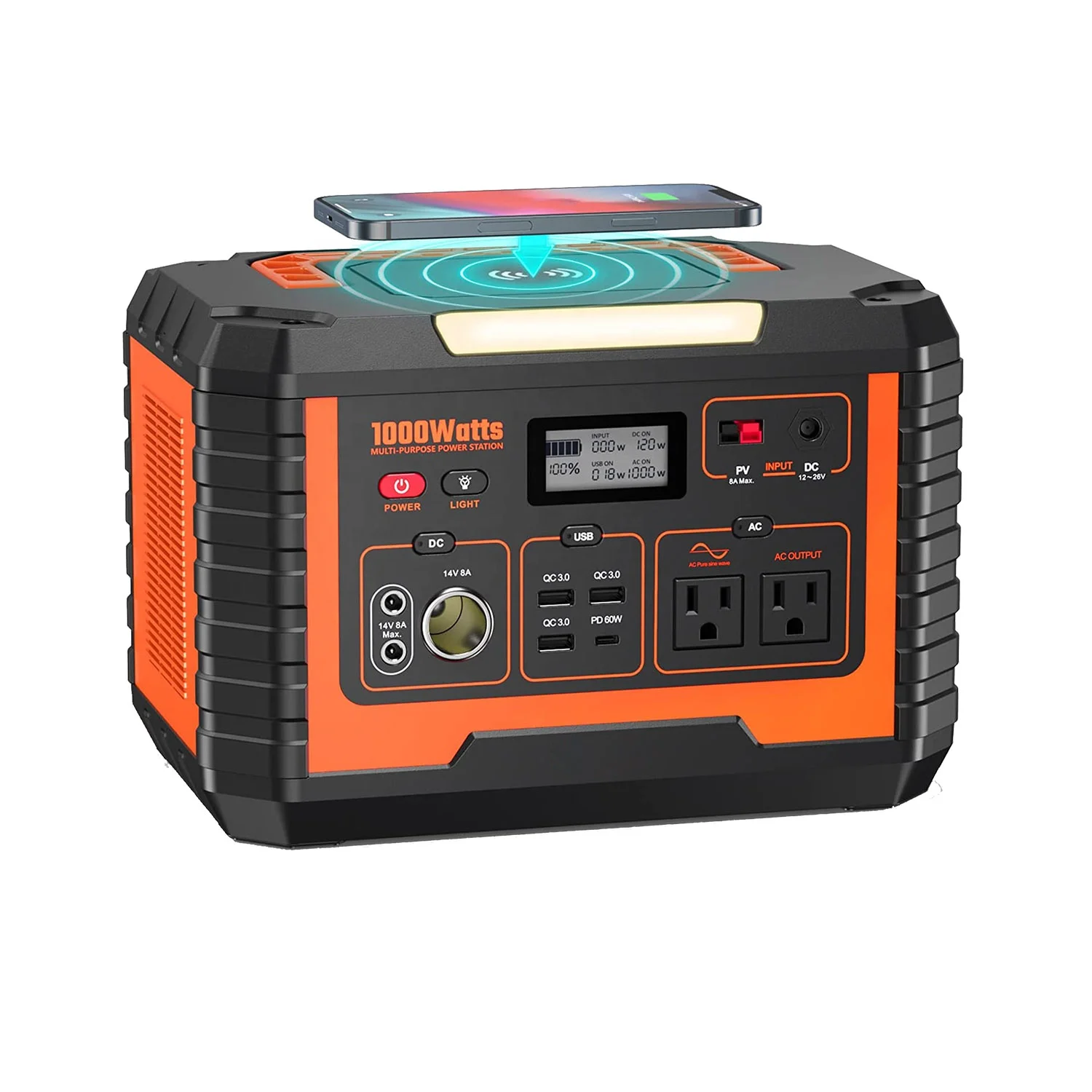 Multiple Power Devices 24V Solar System 799.2Wh 1000W Portable Power Station Input DC24V Output AC110V Pure Sine Wave Inverter