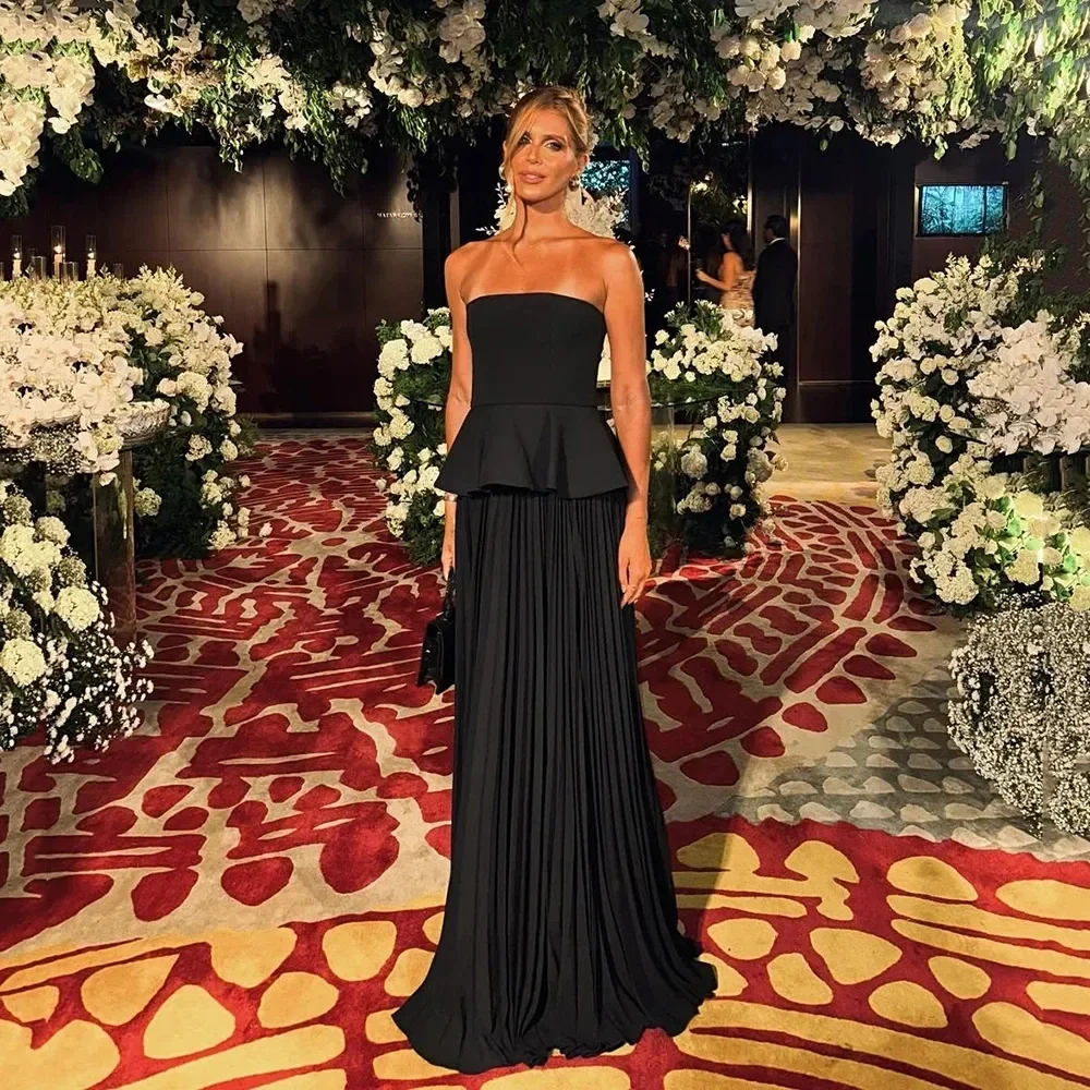 Neues modernes schwarzes Abendkleid, trägerlos, plissiert, Chiffon, bodenlang, A-Linie, Abschlussball, Festzug, Party-Kleider, Robe De Soiree