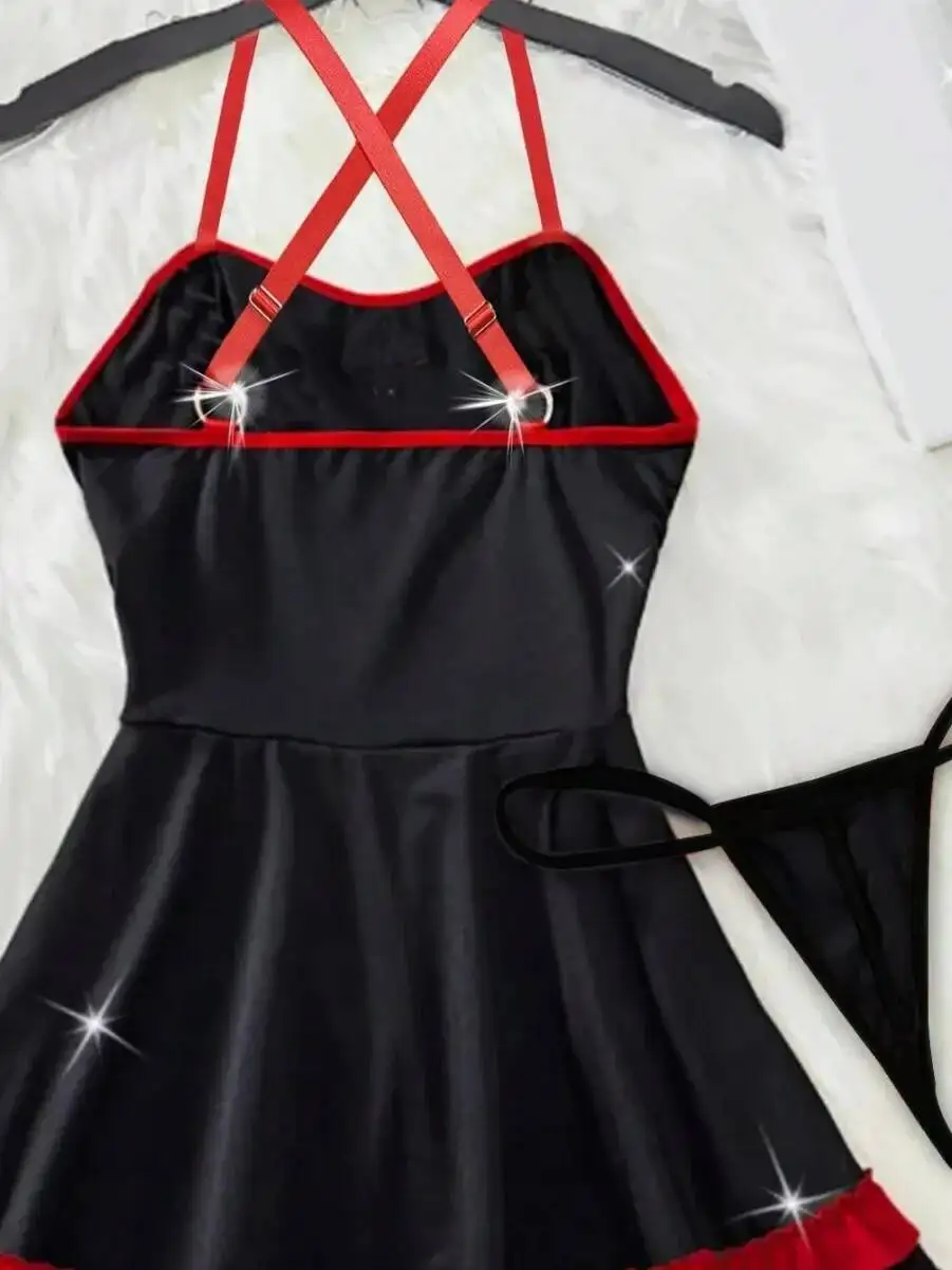 جديد مثير الإناث لعب الأدوار ممرضة الأحمر والأسود عبر حزام الدانتيل يصل فستان قصير مع الكشكشة Bowknot فستان بلا أكمام الحلو XC2C