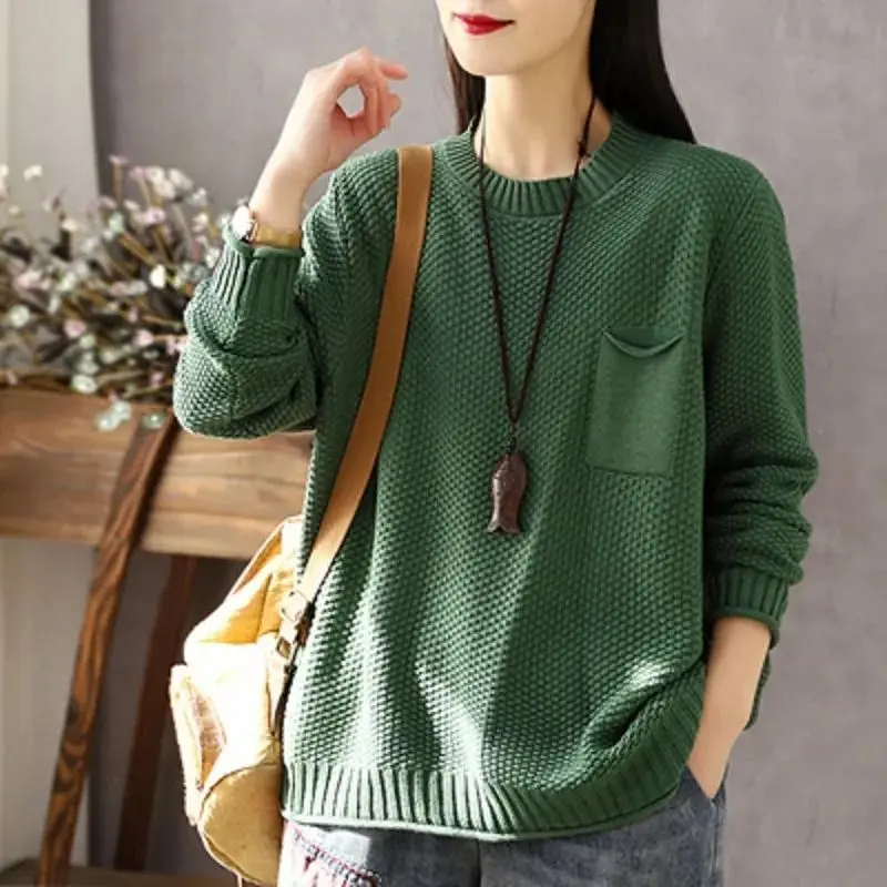 

Женская одежда с круглым вырезом и карманами, осенне-зимний свитер с длинными рукавами, вязаный пуловер, офисные женские однотонные винтажные топы