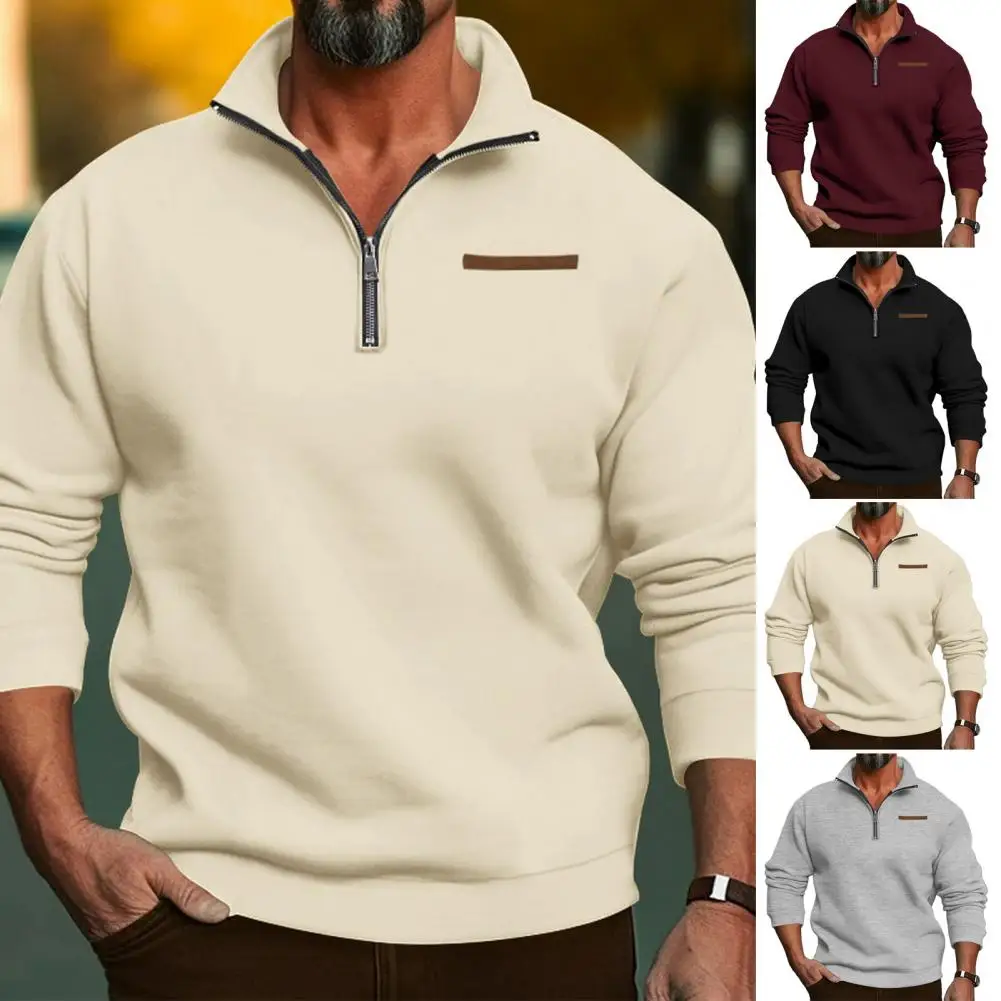 Winter Plush Men Sweatshirt Half Zip Stand Up Collar Pullover Loose Solid Color Casual Hoodie For Men's Fashion