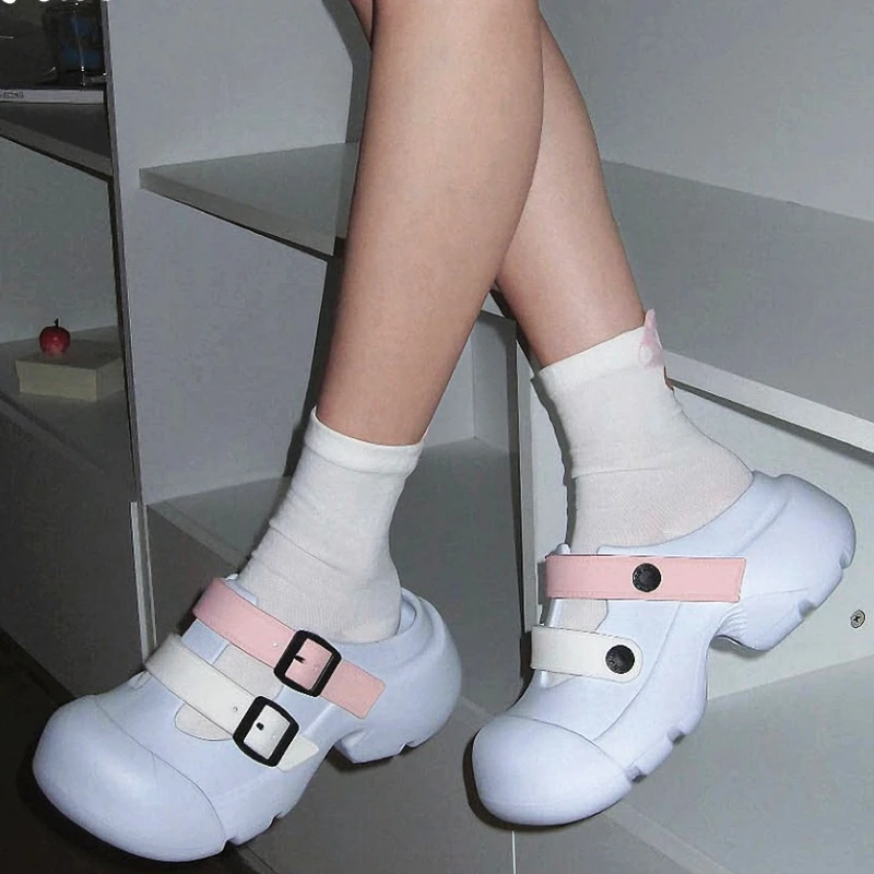 

Korean Style Platform Slippers Women Indoor Outdoor Mary Jane Shoes Colorful Belt Thick Sole Fashion Clogs Girls Street Sandals