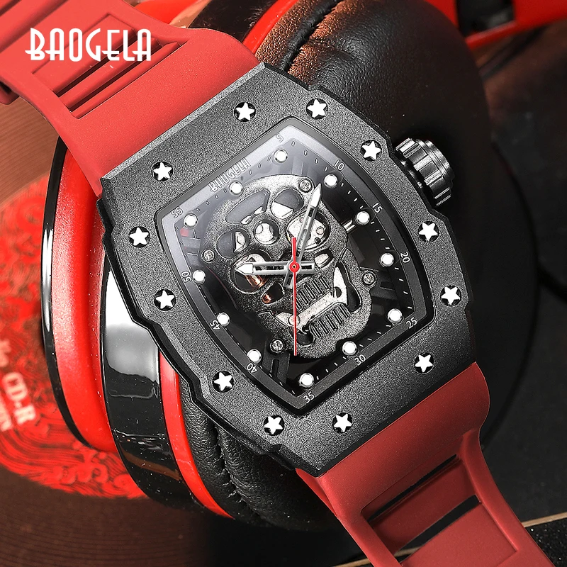 BAOGELA Top Brand Luxury Mens Watches Sport Stainless Steel Hollow Skull Quartz Watch Fashion Creative Waterproof WristWatch4141