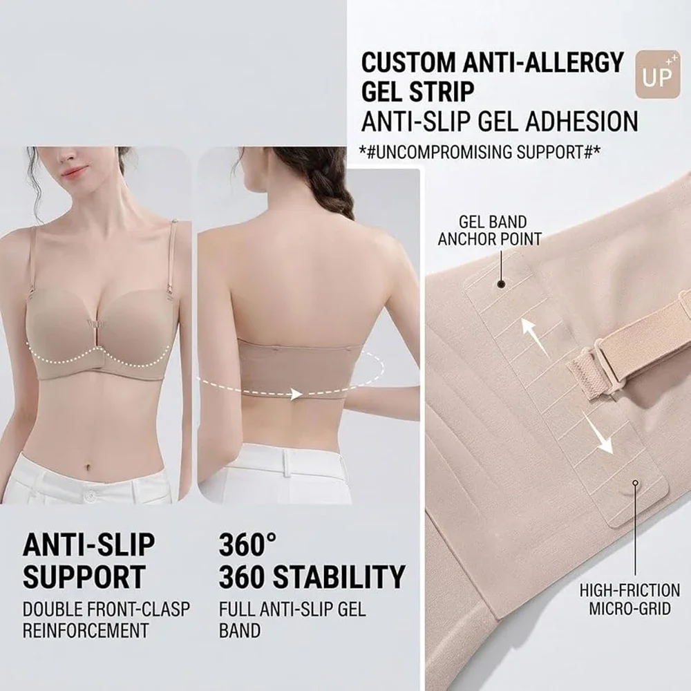 Damen trägerloser BH mit Frontverschluss, Push-up-BH, gepolstert, mit zusätzlicher Körbchenfüllung, rutschfester Griff, herausnehmbar, kabellos, stützend, nahtlos – Detail 5