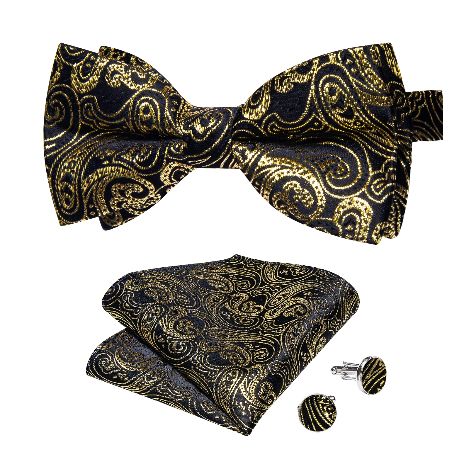 Klassisches schwarzes Herren-Fliege-Set mit Einstecktuch und Manschettenknöpfen – Paisley Gold Vorgebundene Fliege – Detail 3