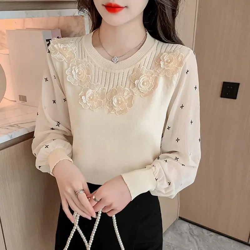 Korean Fashion Autumn New Women\'s O-Neck Lace Patchwork Flower Temperament Chic Long Sleeve Pullovers Chiffon Shirt Knitted Tops