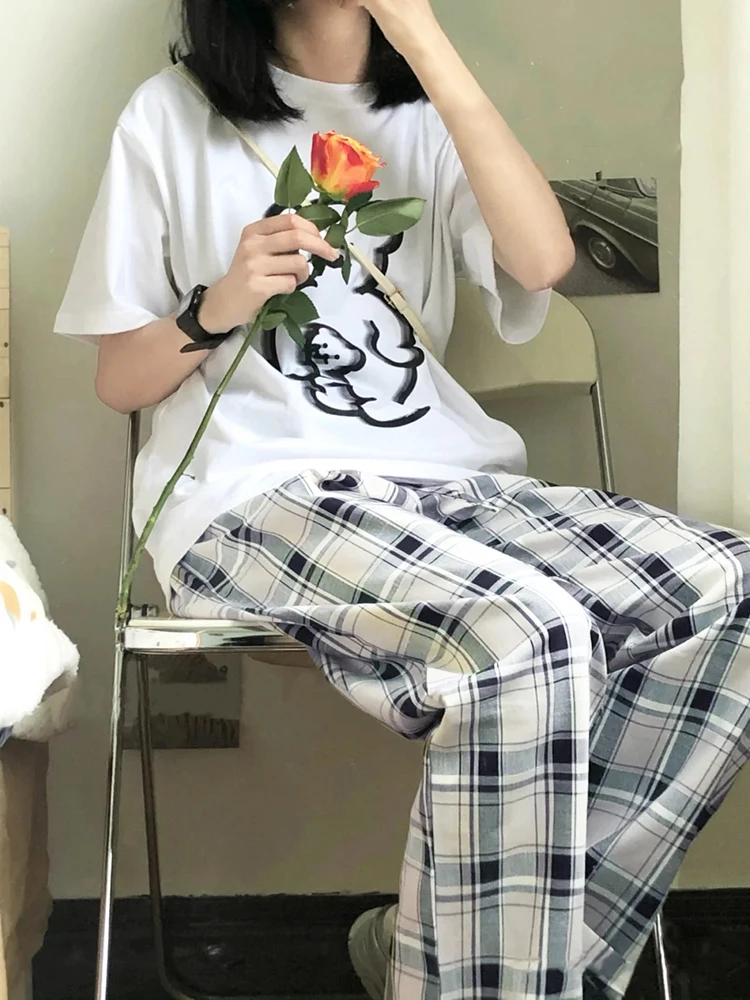 

Летние тонкие брюки в клетку для женщин, спортивные, в американском ретро-стиле, широкие, повседневные, для джазовых танцев, с высокой талией, прямого кроя