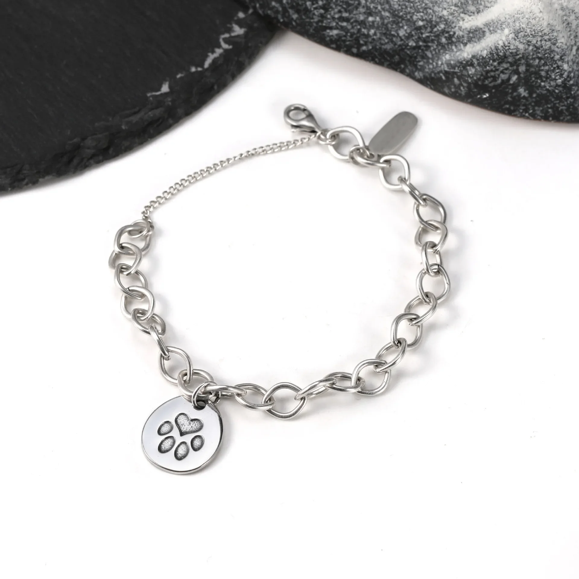 S925 Silver Vintage Oxidized Charm Bracelet Paw Print Little Sis Best Friend Pink Heart Pendant Jewelry Gift for Women