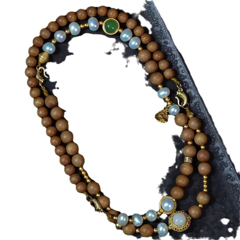 UMQ  Natural Sandalwood Beads Bracelet with Natural Pearl National Style High Sense All-Match Bracelet